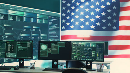 Empty cyber environment featuring the American flag on a big screen. Emphasizing cyber operations,...