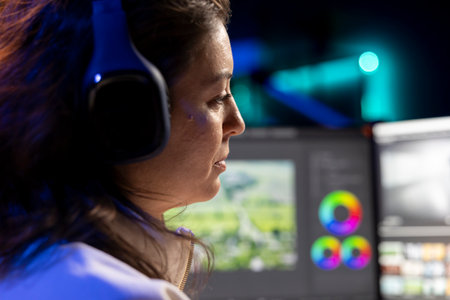 Videographer in media agency wearing headphones, ready to start color correcting raw footage, close...