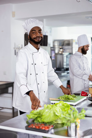 African american chef in a professional kitchen immersed in cooking, preparing gourmet fine dining meals using kitchen equipment and focusing on food art. Culinary arts food industry.の写真素材