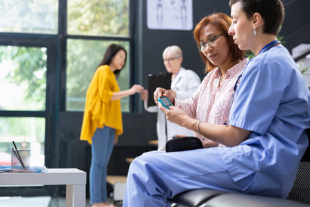 Hospital staff explaining glucometer use and blood sugar monitoring, doing a routine checkup for asian woman suffering from diabetes. Measuring glucose and sugar levels. Device trainingの写真素材