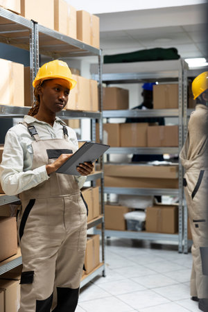 Shipment operations in industrial warehouse involve checking dispatch orders, handling boxes and...