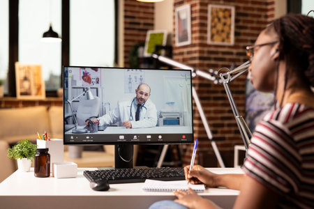 Black female patient talking to caucasian doctor on video call, taking notes during remote medical consultation. Woman chatting with male physician, attending virtual health appointment from home.の写真素材
