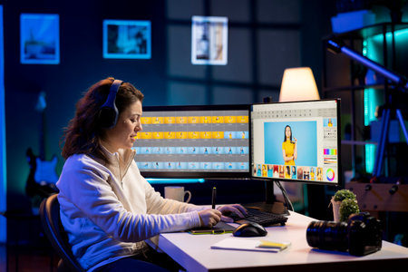 Expert photo editor enhancing images with precision using graphic tablet in home studio, listening music. Professional photographer wearing headphones expertly refining pictures using editing toolsの写真素材