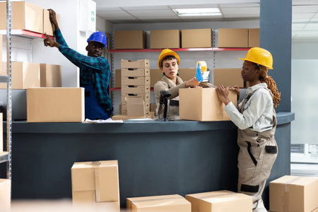 Diverse factory workers scan products for delivery and storage registration, ensuring supply chain accuracy. Pallets and packages managed with bar code technology and logistics systems.の写真素材