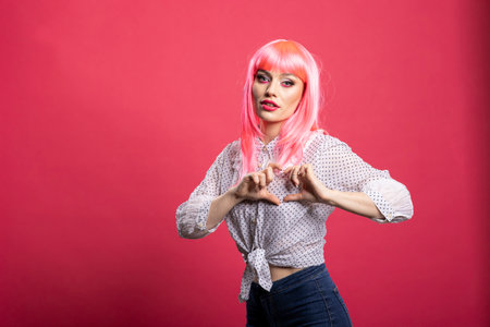 Beautiful caucasian woman poses against pink background, making heart shape with her hands. Cheerful young lady expressing love, kindness and positive energy with a warm expression.の写真素材