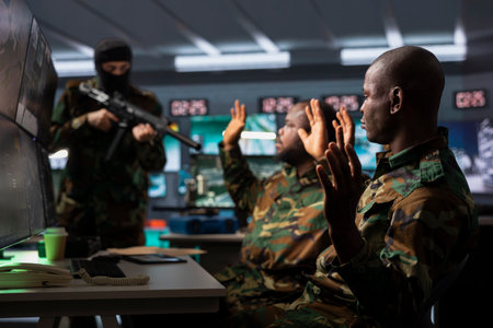 Soldiers in a command post with one holding a rifle.の写真素材