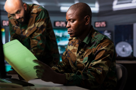 Military officer reading intel documents to organize mission activities. Intelligence specialist analyzing intelligence information to assess enemy troops developments and threatsの写真素材