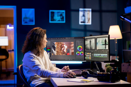 Video producer adds sound effects to film montage, working in studio. Videographer using headphones to test and improve audio quality using specialized software on computerの写真素材