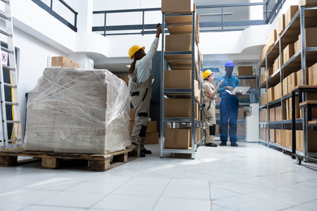 Multiethnic staff work on e commerce orders logistics in storage room depot, warehouse employees coordinate bulk shipping and storehouse organization. Inventory management service.の写真素材