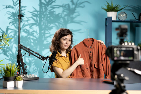 Media star satisfied with orange jacket recently purchased, showing fans, doing thumbs up, filming herself in studio. Content creator in studio presenting new acquisition, doing agreeing hand gestureの写真素材