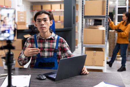 Asian worker recording product handling processes in a logistics center. The video is part of a promotional campaign aimed at reaching more retail clients through social media marketing.の写真素材