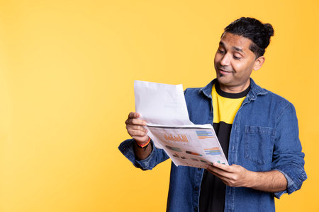 Young employee reviewing accounting paperwork and studying files in the studio, doing profit analysis for the financial department. Indian person reading marketing diagram, bookkeeping.の写真素材