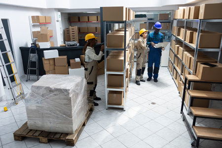 Diverse team of employees work in a storehouse for import export and distribution system, managing cargo boxes from shelves. Staff ensuring inventory process in the logistics center.の写真素材