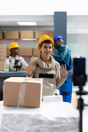 Small business staff creates social media ad while filming in logistics center. Smartphone vlog...