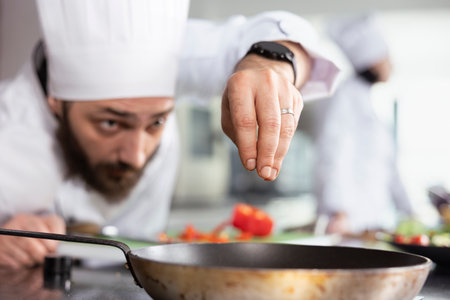 Focused male cook garnishing a dish with freshly cut vegetables on the stove, ensuring each plate meets gourmet and fine dining standards. Young head chef sprinkling bell pepper slices.の写真素材