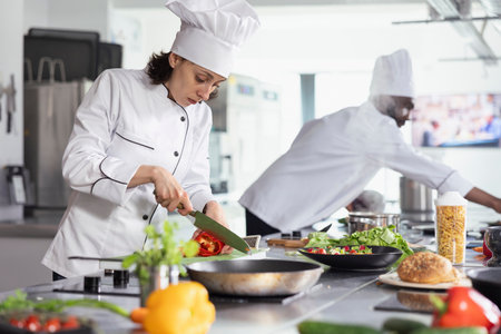 Focused on food prep, female chef slices fresh vegetables on a cutting board, ensuring each ingredient ready for a gourmet meal. Modern kitchen filled with cookware, utensils and fresh veggies.の写真素材