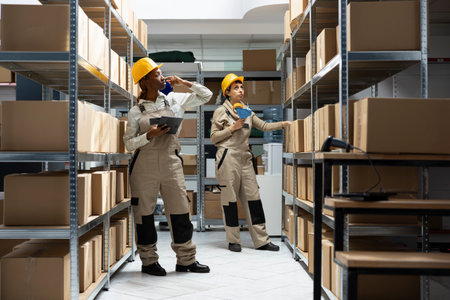African american employee in logistics facility manages product delivery, quality control for shipping goods in containers. Warehouse helps with distribution and shipment operations.の写真素材