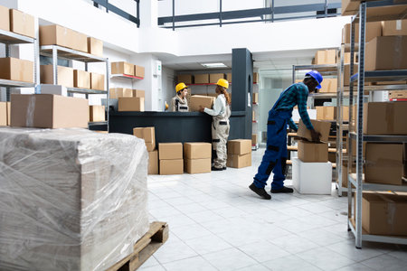 Supply chain workers team in a warehouse handle shipping logistics, managing goods on shelves and coordinating the distribution of products to retail and e commerce activity.の写真素材