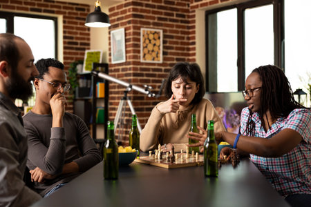 In brick wall room, group of multiethnic friends seated around table having a chess match moment. Diverse male and female individuals with drinks and snacks, concentrating on casual board game.の写真素材