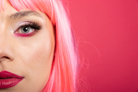 Closeup portrait of stunning woman, only half of her face visible as she looks confidently into the lens. Elegant female exuding confidence and grace with pink background emphasizing facial features.の写真素材