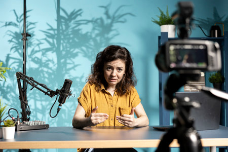 Content creator shooting apology video for disappointed subscribers, doing frantic gesturing trying to excuse herself. Influencer making energetic hand movements, filming with cameraの写真素材