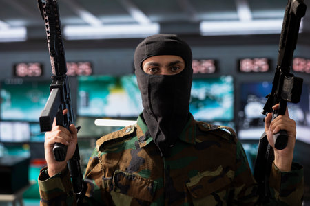Portrait of dangerous masked terrorist holding assault rifles able to engage targets at extended...
