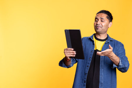 Radiant young adult saluting his friend over online video call connection, showcases a friendly reaction. Joyful guy communicating with a person on teleconference using tablet.の写真素材