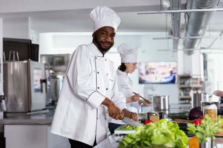 African american chef in a white uniform chopping vegetables at the counter, cooking with raw materials and preparing the ingredients. Expert creating mouthwatering dishes in a modern kitchen.の写真素材