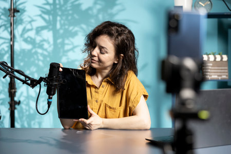 Influencer in studio films tablet video review for tech enthusiasts. Viral media star hosts technology internet show, unboxing digital portable device, feeling impressed by thinnessの写真素材