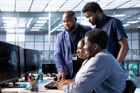 Cheerful team of server farm admins pleased after successfully finishing AI research, creating and...