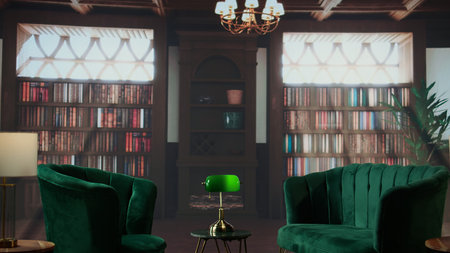 Cozy and elegant therapy room with green armchairs and bookshelves, vintage decor and calming...
