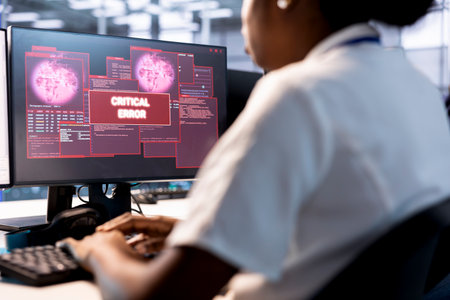 Computer scientist in server hub investigating breach alerts, working to protect infrastructure from...