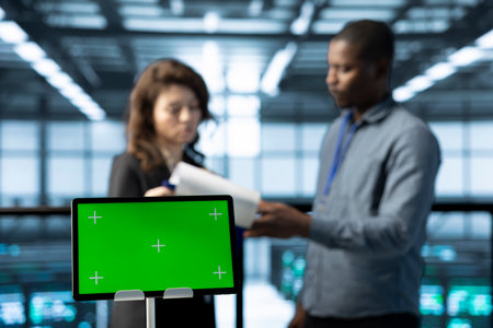 Mockup laptop in front of data center engineers in blurry background calibrating energy usage. Close...