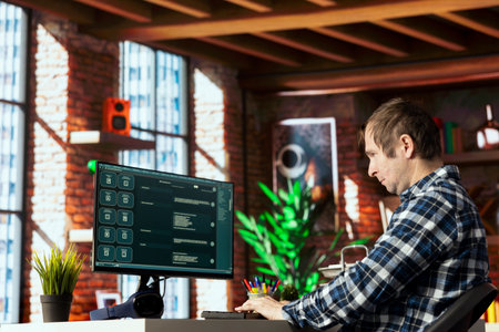 Man seated at desk speaking with AI LLM chatbot software in modern home office. Person communicating...
