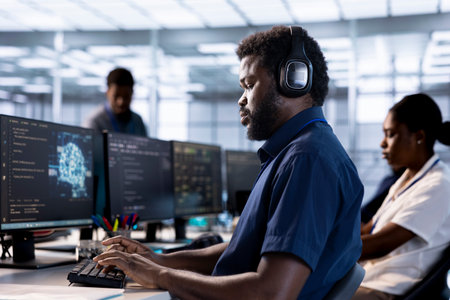 Server farm IT specialist listening music while doing AI research, implementing algorithms using...