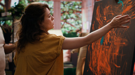 Team of artists in a gallery atelier working on new art piece, using finger painting technique for...