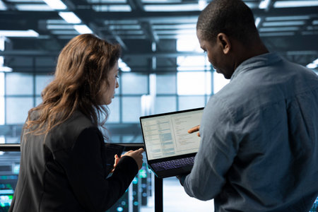 Programmers in data center workspace coding on laptop, analyzing metrics, optimizing storage...