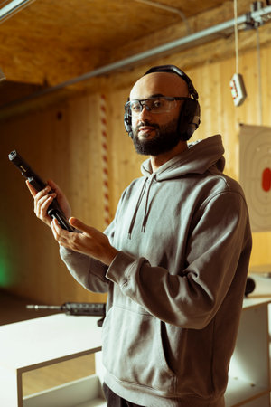 Portrait of person wearing safety equipment reloading pistol during firearm practice at shooting...