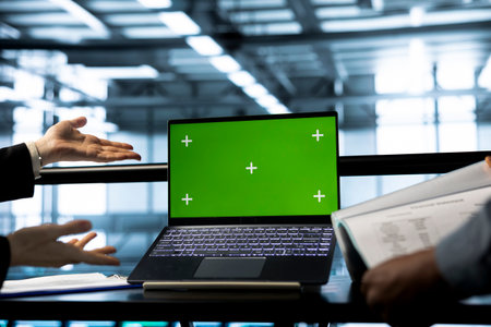 System administrators in data center using chroma key green screen laptop, refining server...