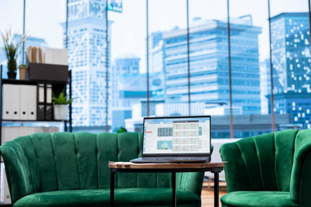 Empty global corporation office in a luxurious city center skyscraper, modern workspace equipped with professional gadgets and networking system. Career development and motivation.の写真素材