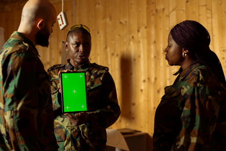 Soldiers in firing range looking at video on isolated screen tablet designed to elevate marksmanship...
