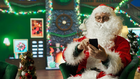 Santa Claus responding to kids requesting gifts, scrolling on smartphone touchscreen. Person...