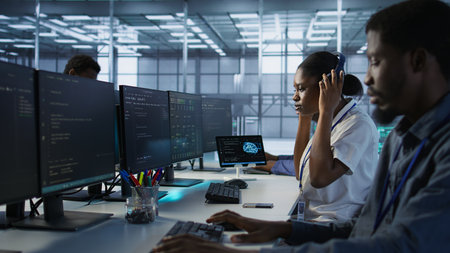 Coworker giving server hub engineer insights into developing disaster recovery plans ensuring...