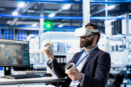 Solar panels plant professional using VR headset to develop new technologies harnessing sun power....