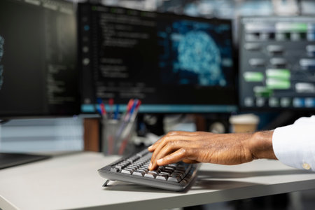 Close up of engineer setting up data center equipment needed to run artificial intelligence and...