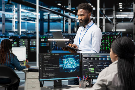 Data center programmer using artificial intelligence neural networks technology. African american...
