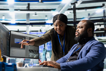 Professional master engineers team inspecting control panels and analyzes data and sharing insight...