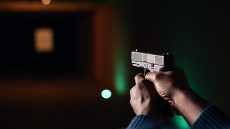 Man reloading handgun in indoor shooting range, following safety protocols. Person carefully handling weapon following methodical firearms practice safety rules, camera B close upの写真素材