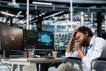 Server hub employee with disability in distress after finding computer bugs. Man with paraplegia...