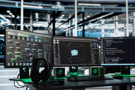 AI visualization tools and node tree software on computer monitors in data center used to identify...